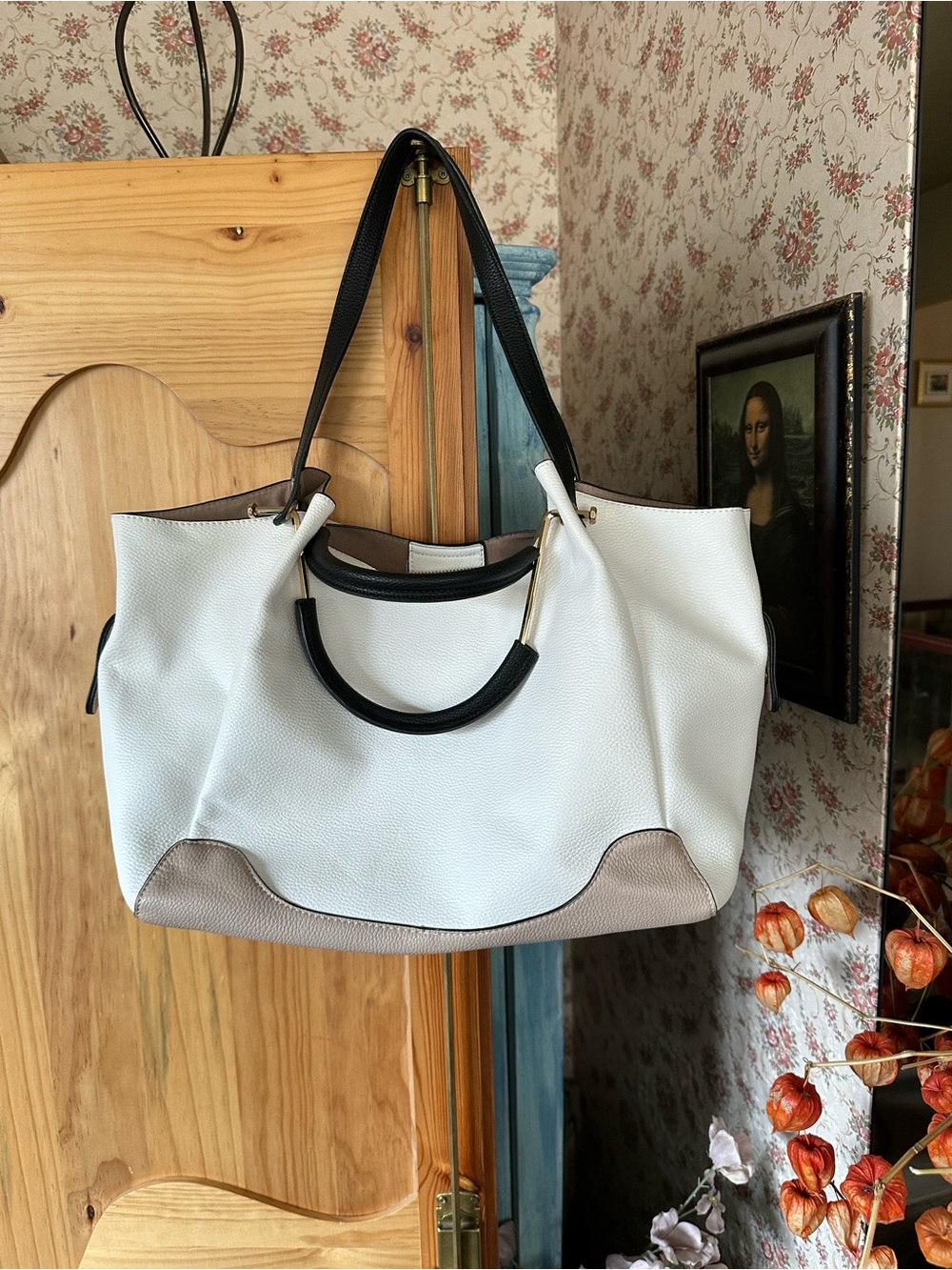 Naturalizer Pleather White/Dusty Pink Tote Bag with Black Handles, $55